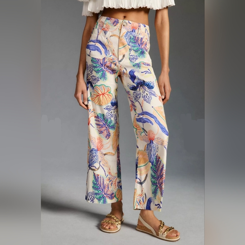Anthropologie Cream Floral Wide-Leg Cropped Pants with Blue and Green Print